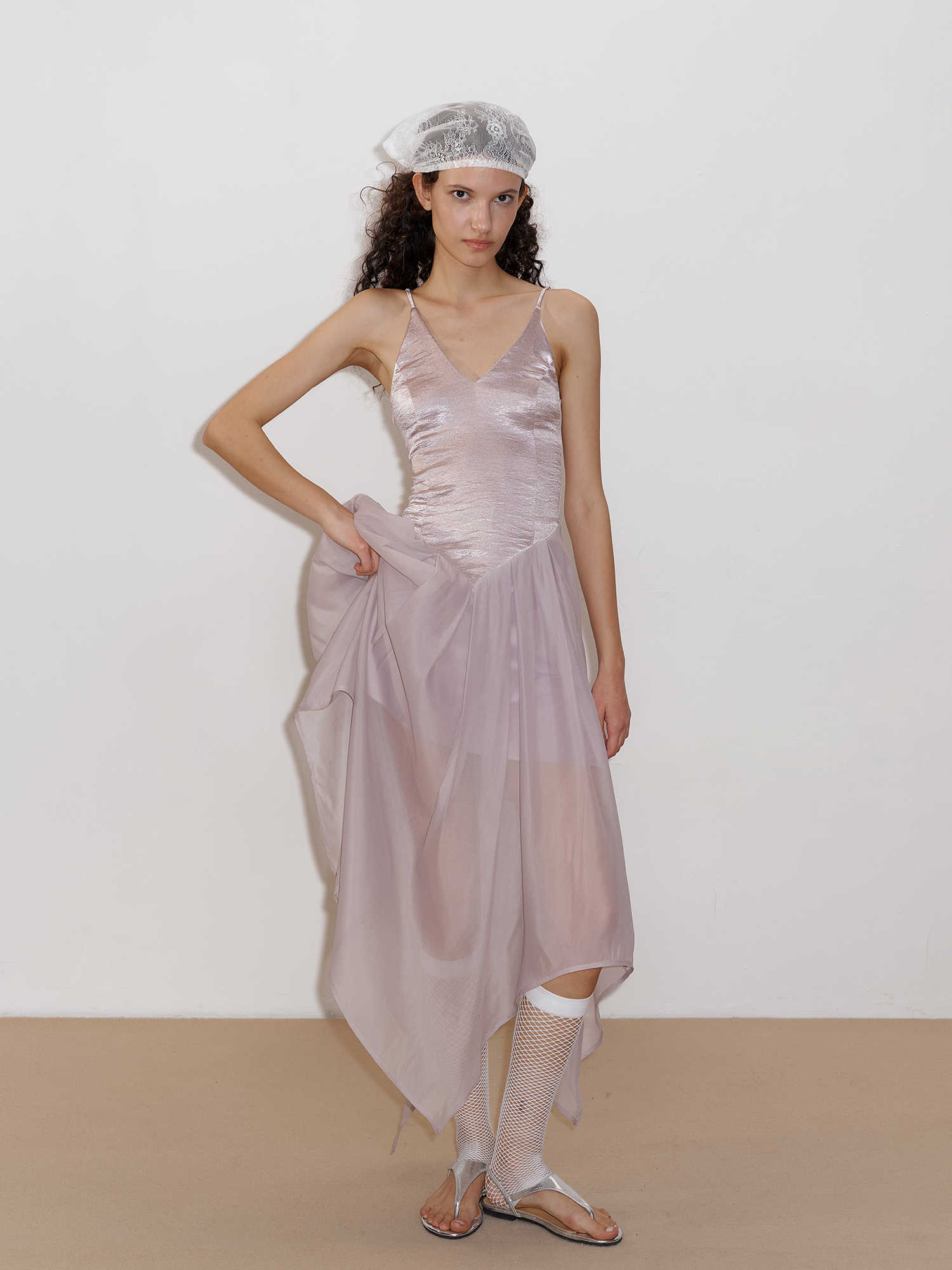 Glossy Textured Petal Mesh Dress - Image 3
