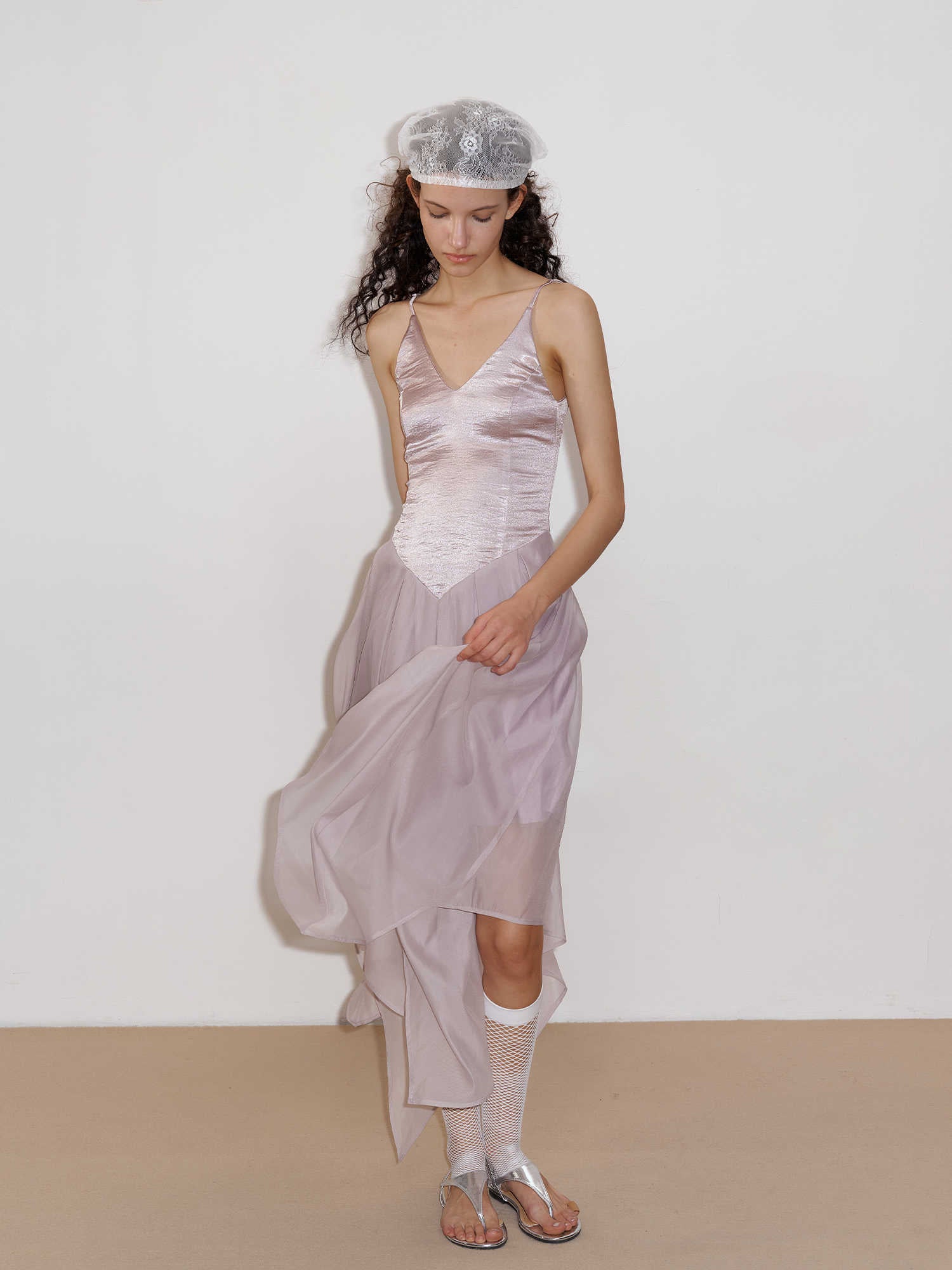 Glossy Textured Petal Mesh Dress - Image 4