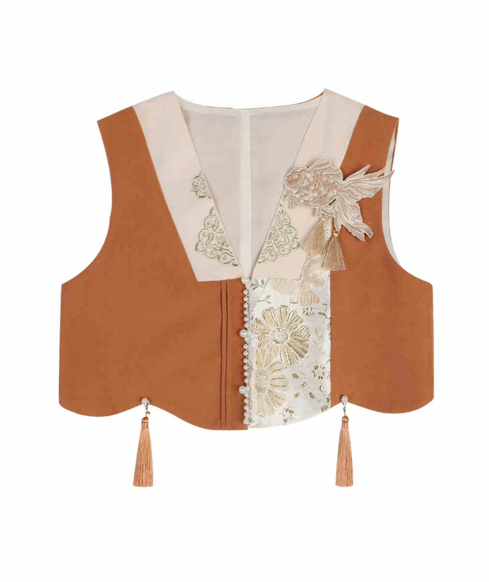 Gold Woven Horse Face Vest Shirt Set - Image 7