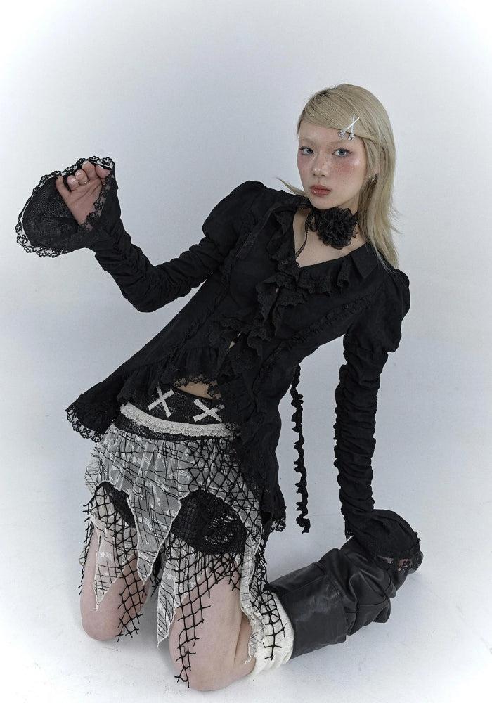 Goth Asymmetric Ruched Sleeve Shirt - Image 3