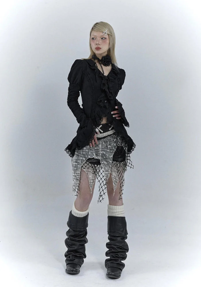 Goth Asymmetric Ruched Sleeve Shirt - Image 4