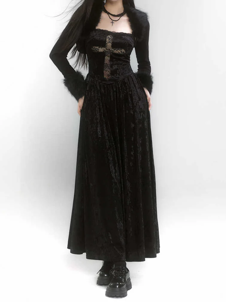 Goth Cross velvet Dark Coquette Dress - Image 2
