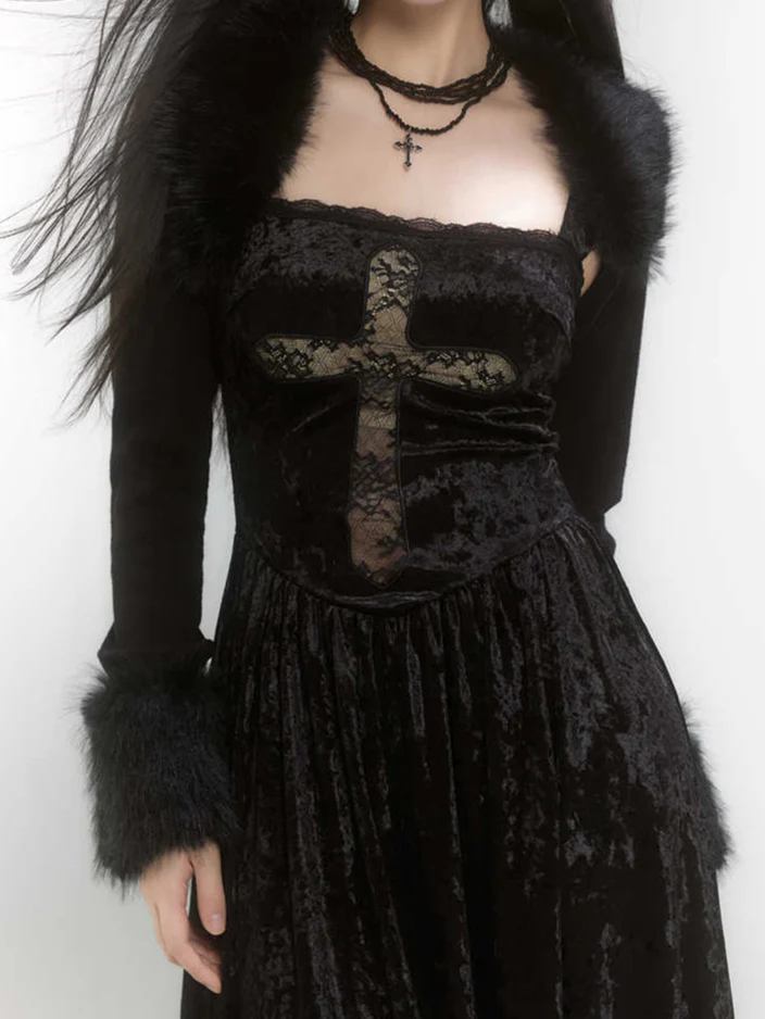Goth Cross velvet Dark Coquette Dress - Image 4
