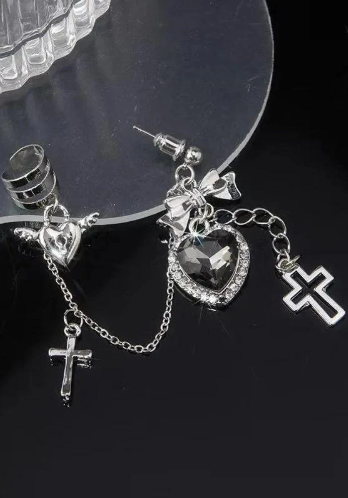 Goth Heart Cross Chain Earrings - Image 3