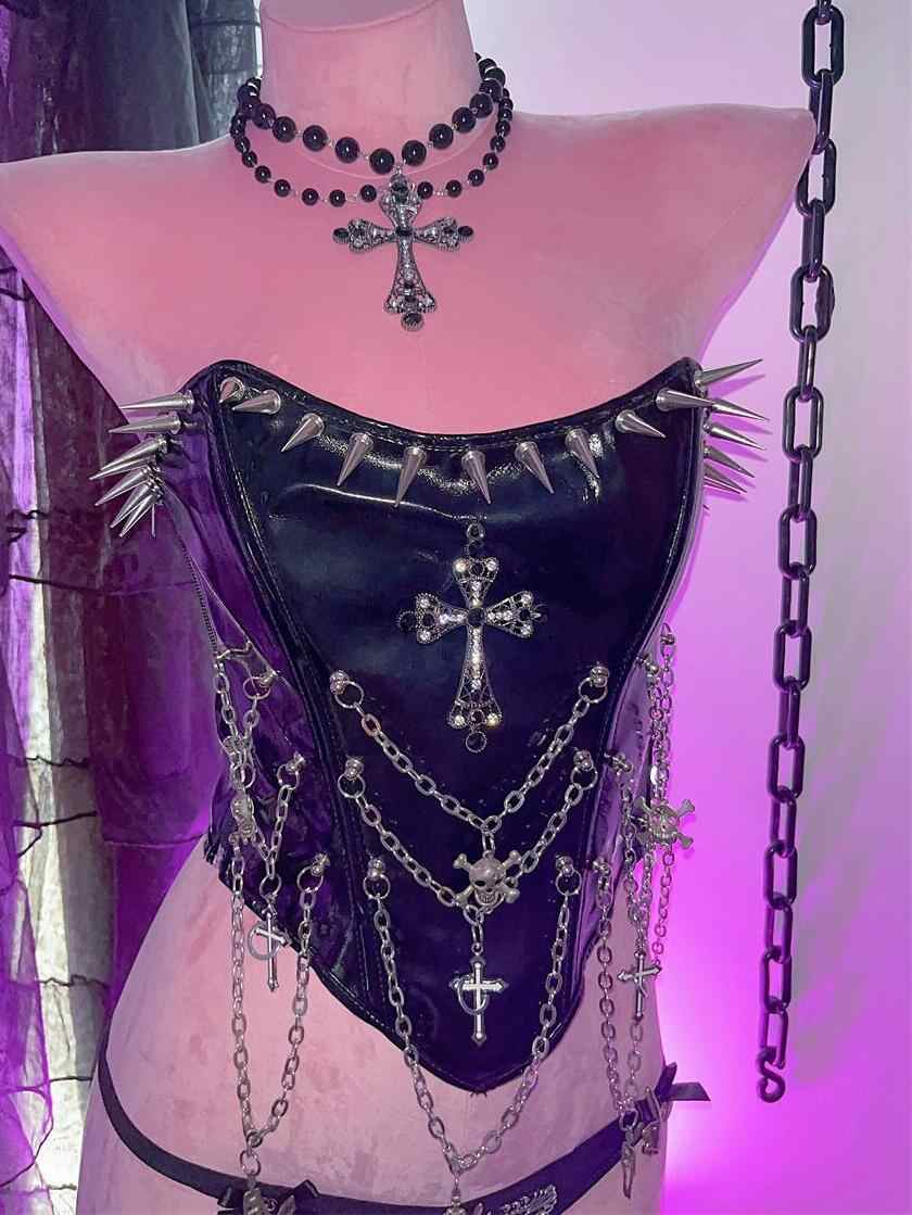 Goth Punk Skull Leather Cross Tube Top - Image 4