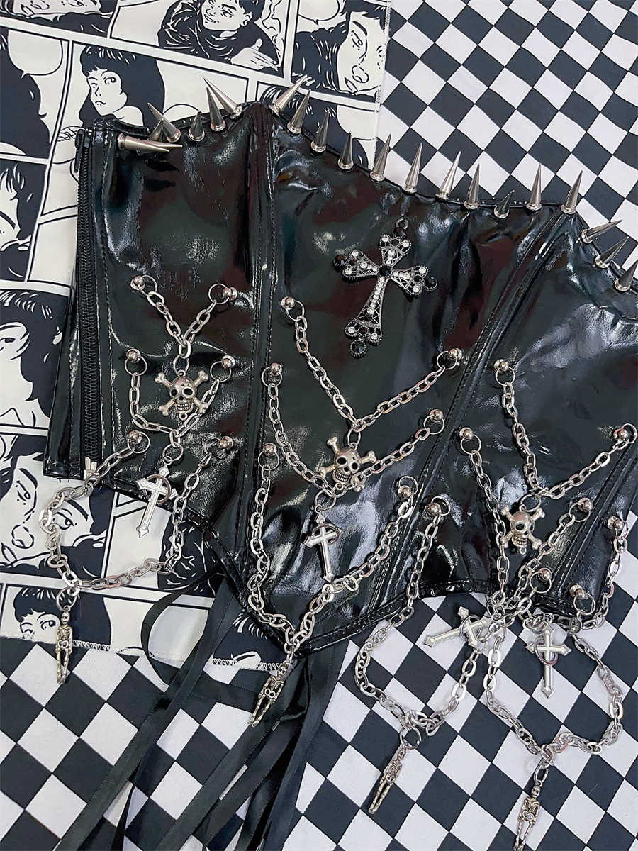 Goth Punk Skull Leather Cross Tube Top - Image 5