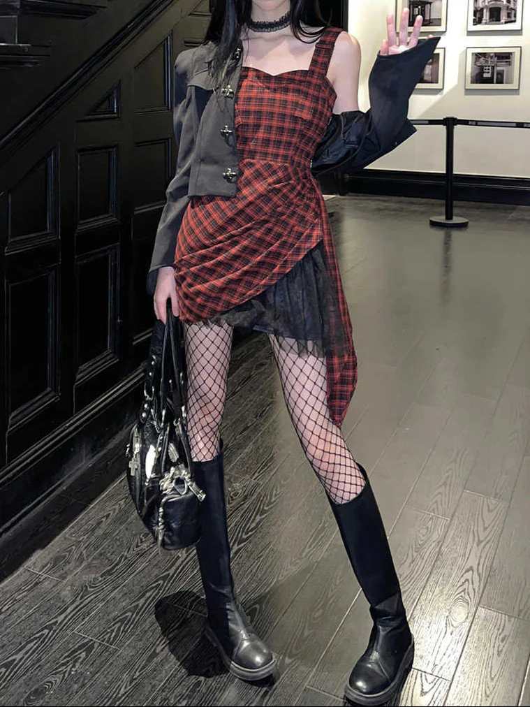 Goth Red Plaid Irregular Dress - Image 3
