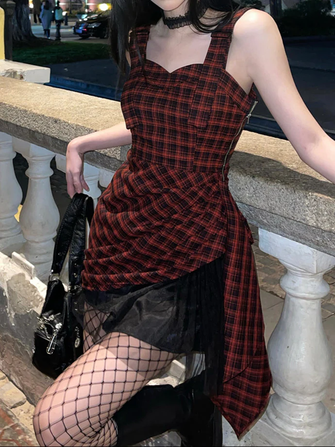 Goth Red Plaid Irregular Dress - Image 6