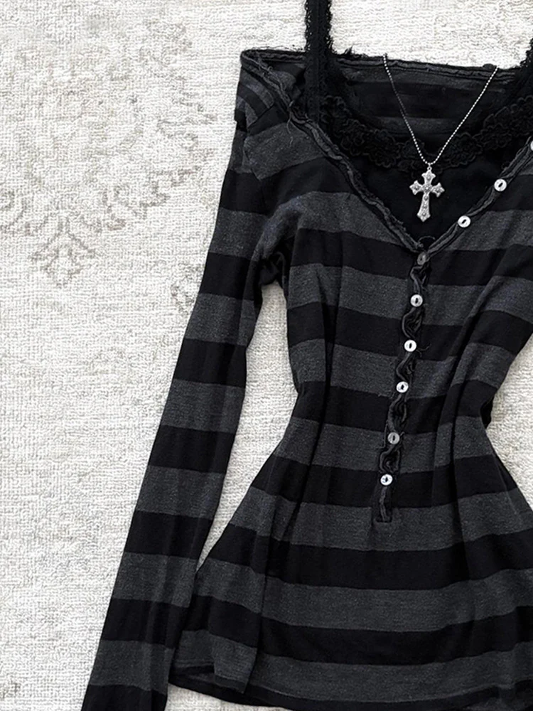 goth striped off-shoulder long-sleeved top - Image 2