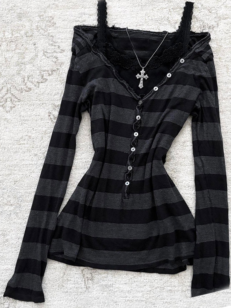 goth striped off-shoulder long-sleeved top - Image 5