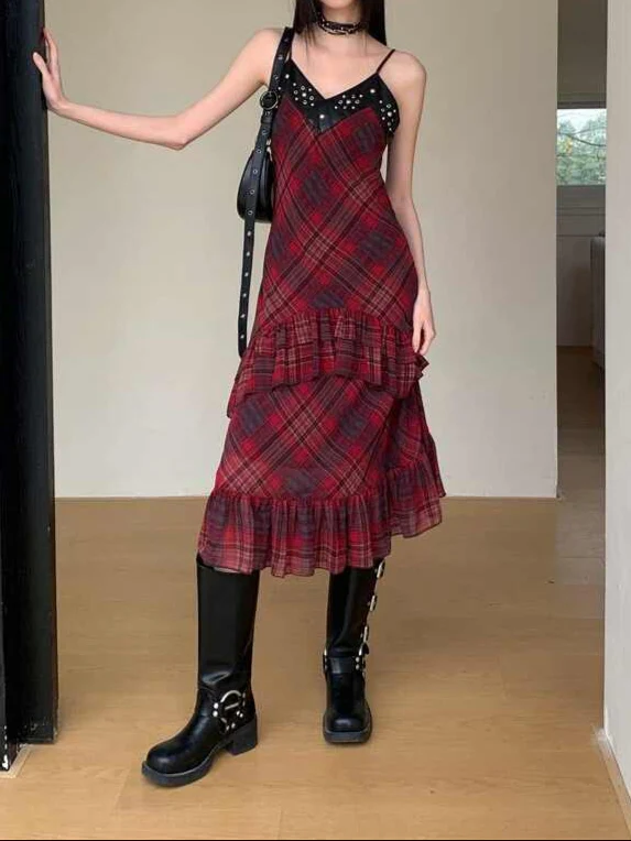 Goth Suspender Plaid Maxi Dark Coquette Dress - Image 3