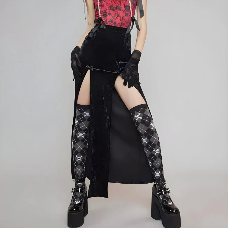 Goth Velvet High Split Midi Skirt - Image 3