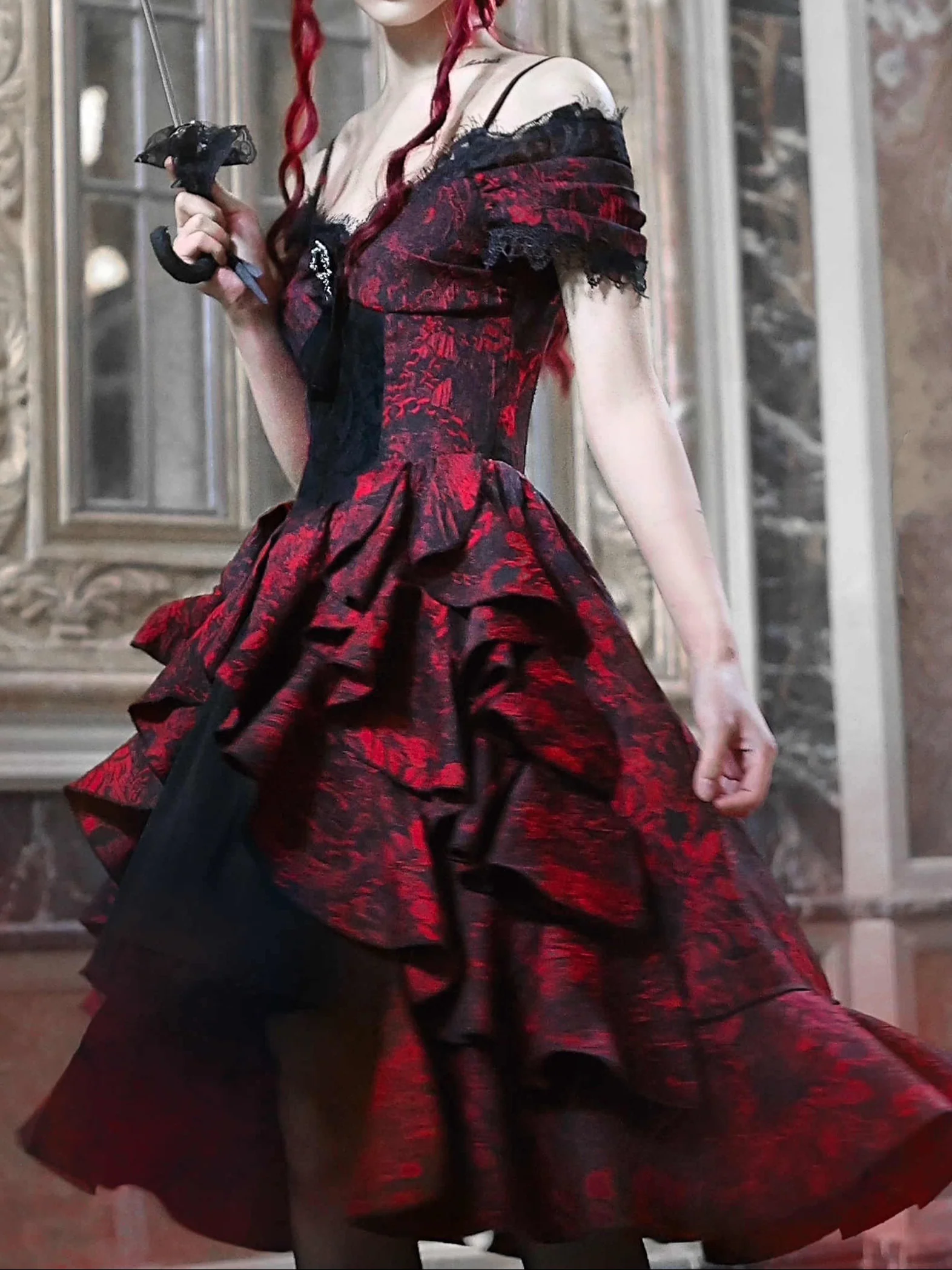 Gothic Black and Red Jacquard Palace Dress - Image 2