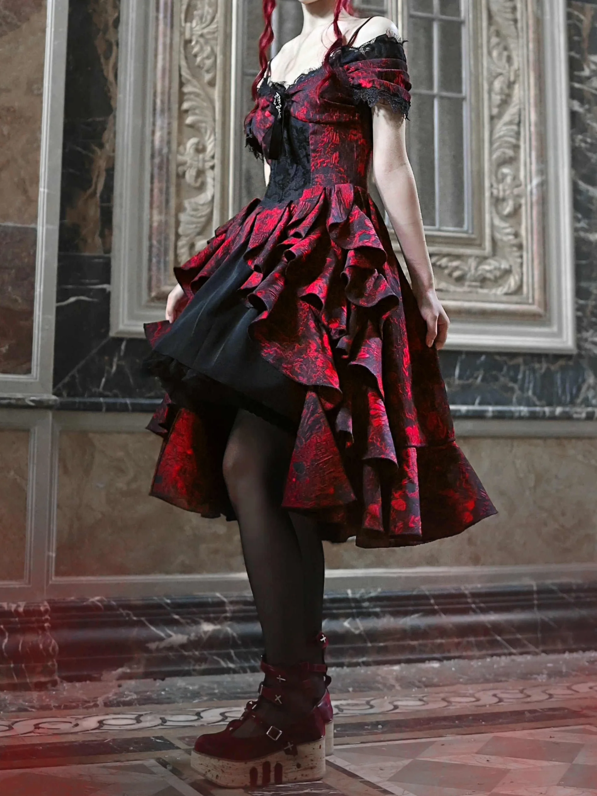 Gothic Black and Red Jacquard Palace Dress - Image 4
