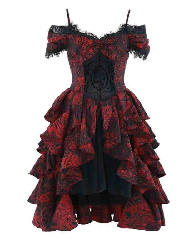 Gothic Black and Red Jacquard Palace Dress - Image 7