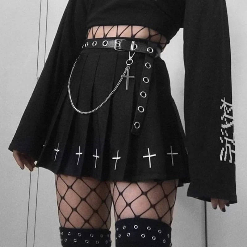 Gothic Cross Pleated Mini Skirt Black - Image 3