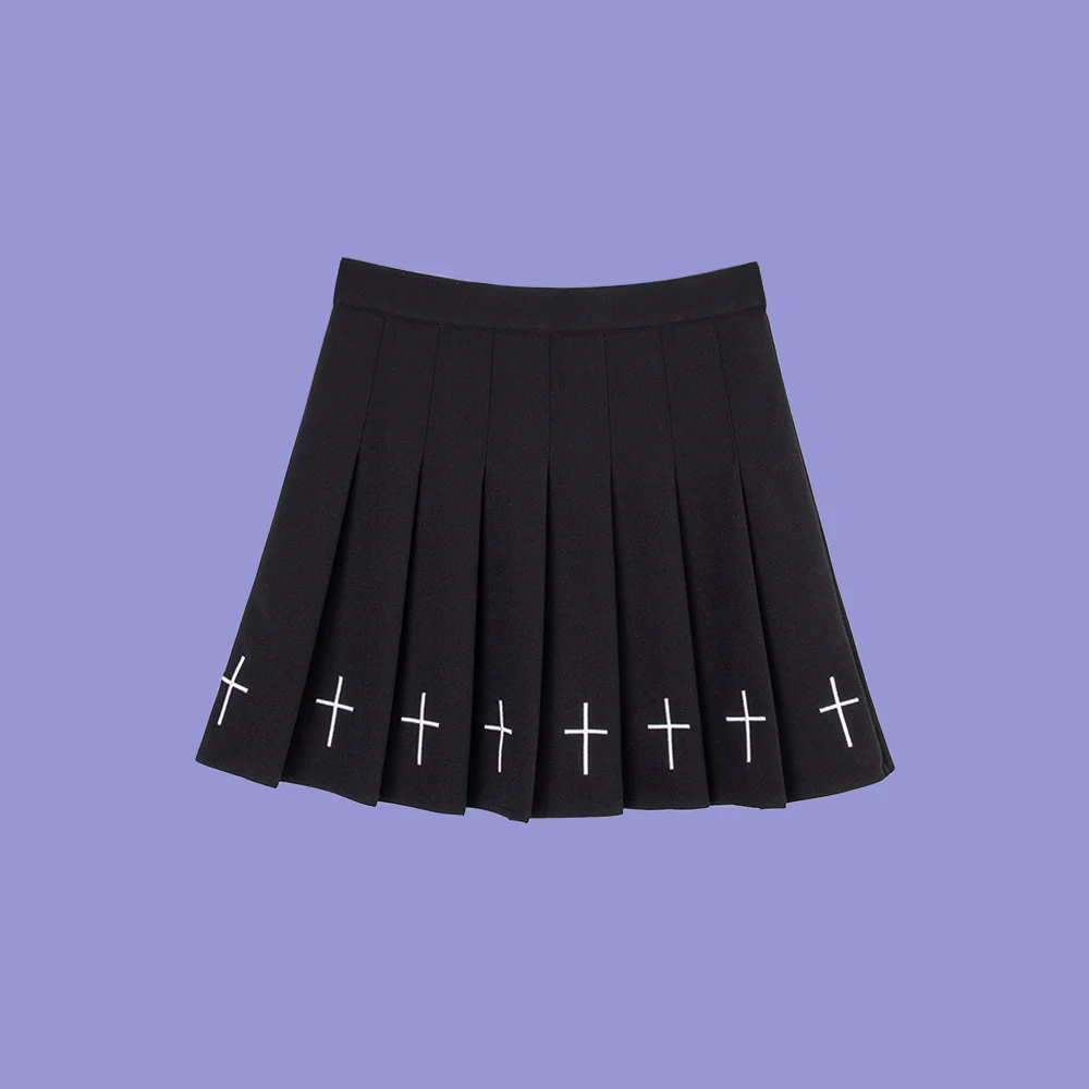 Gothic Cross Pleated Mini Skirt Black - Image 6