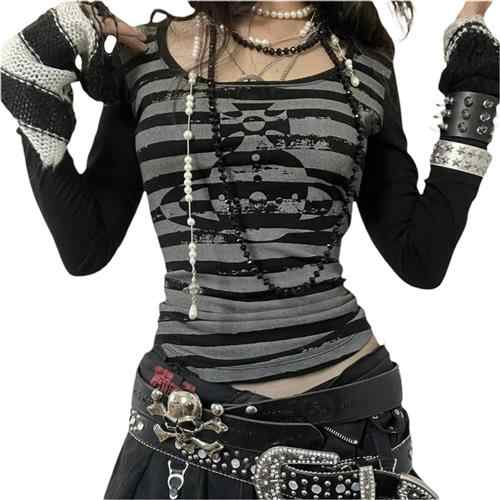 Gothic Grunge Striped Long-sleeved Top - Image 2