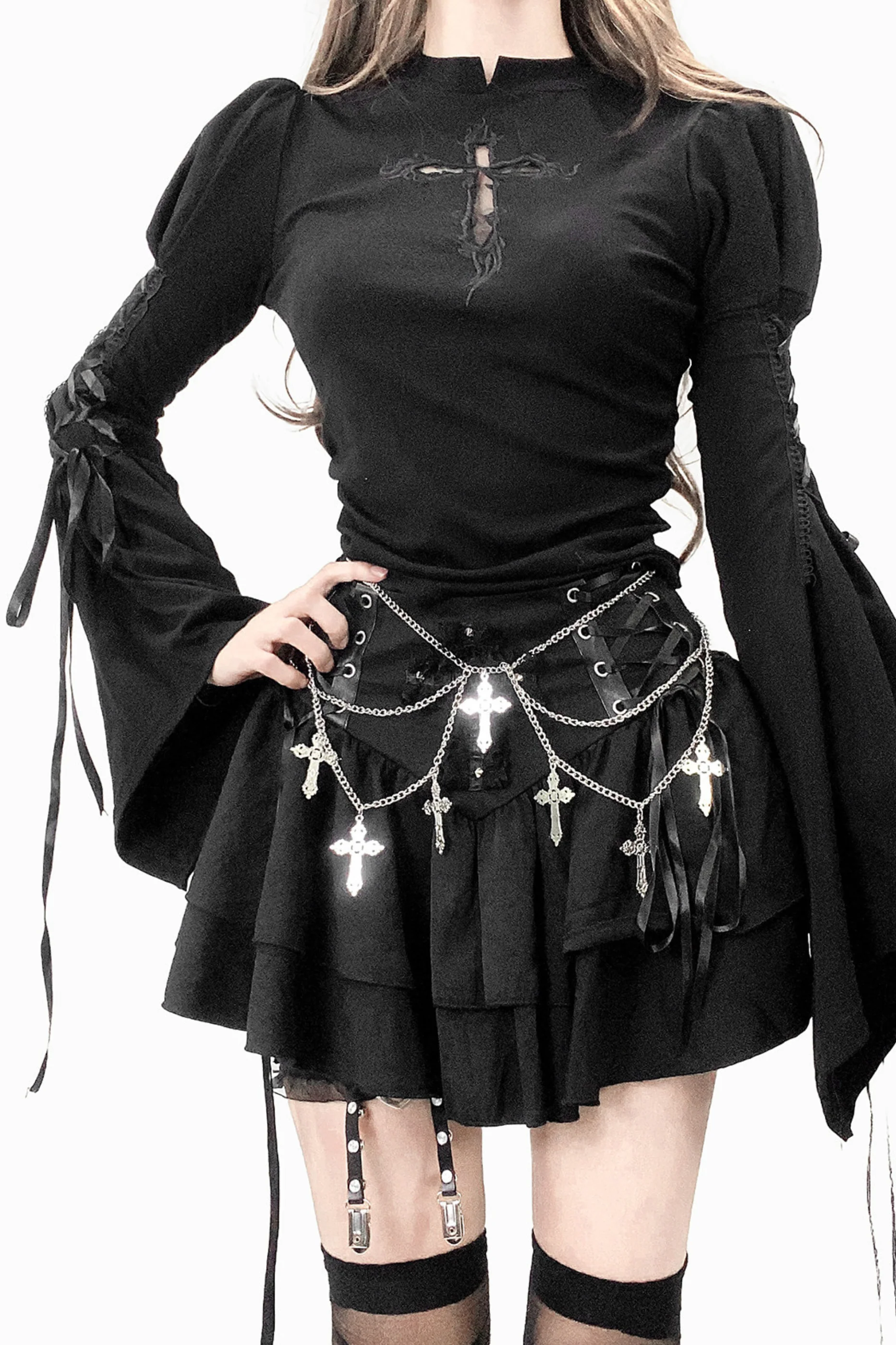 Gothic Lace-Up Bell Sleeve Top