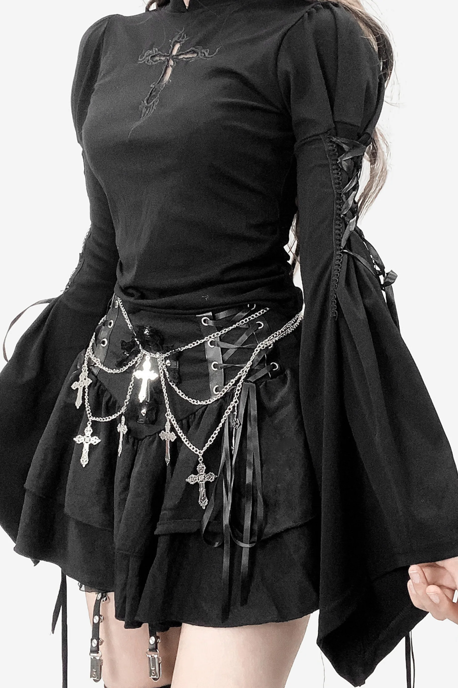 Gothic Lace-Up Bell Sleeve Top - Image 2