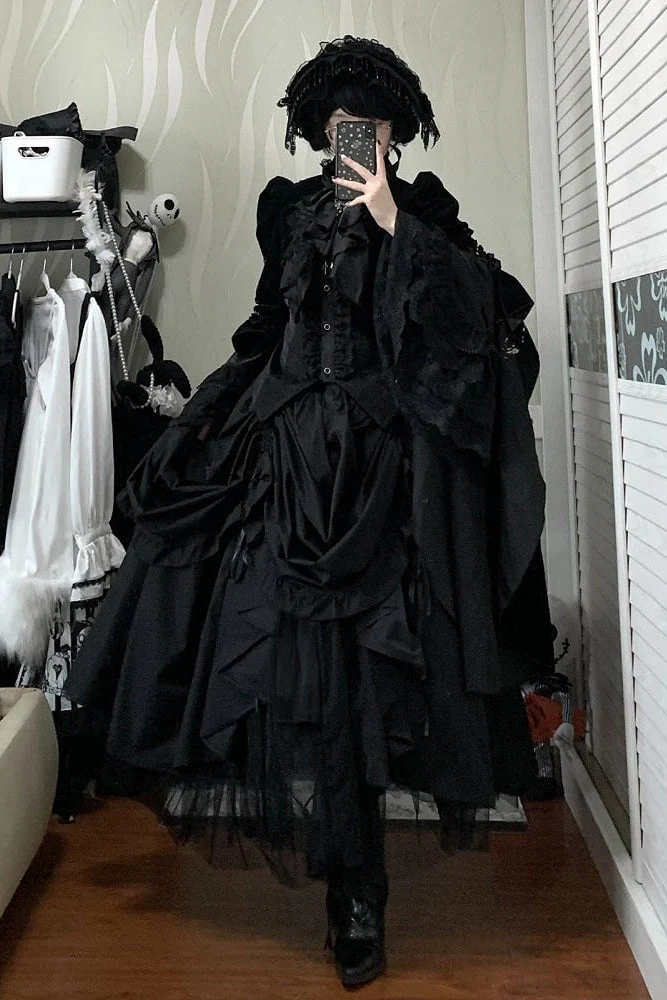 [Pre-order] Gothic Lolita Black Cross Detail Flare Sleeve Long Coat + Headdress - Image 12