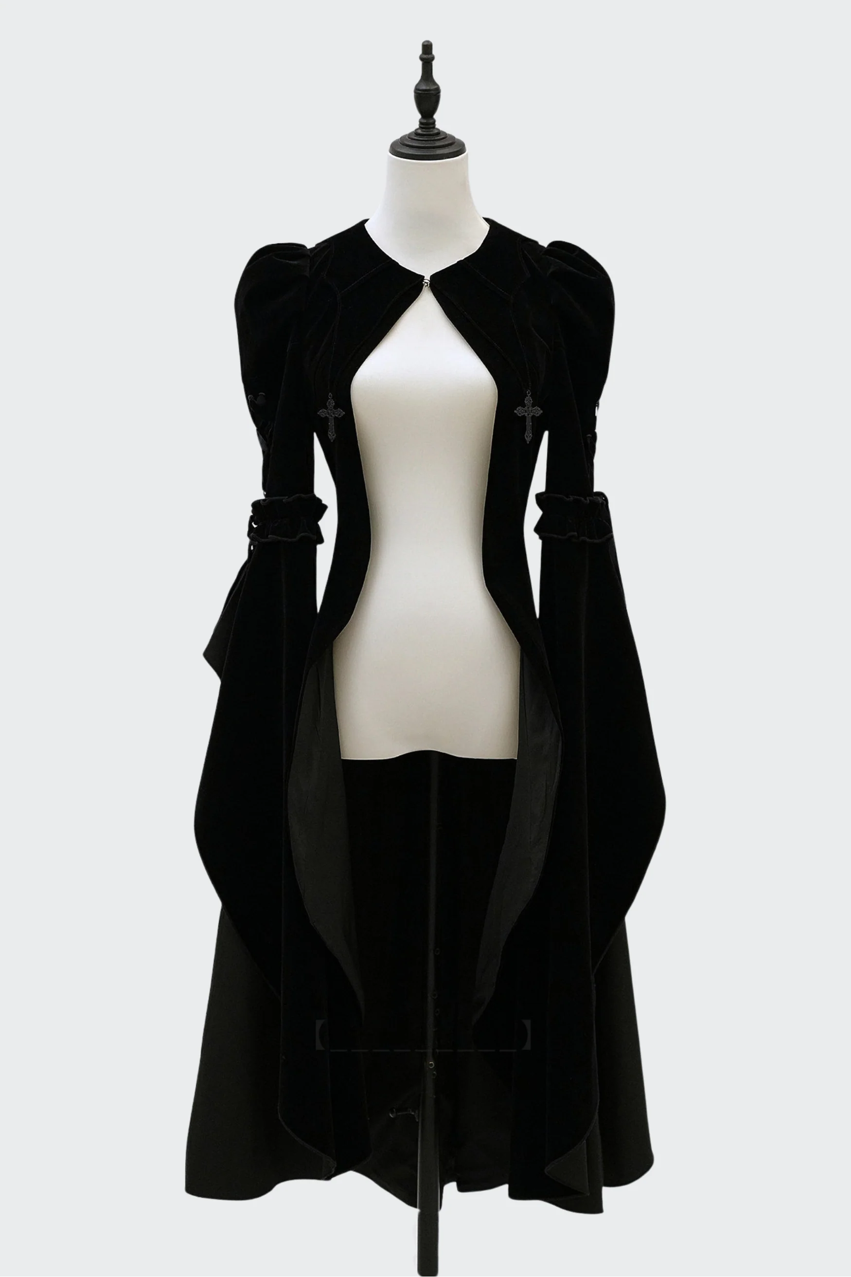 [Pre-order] Gothic Lolita Black Cross Detail Flare Sleeve Long Coat + Headdress - Image 3