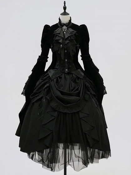 [Pre-order] Gothic Lolita Black Cross Detail Flare Sleeve Long Coat + Headdress - Image 4
