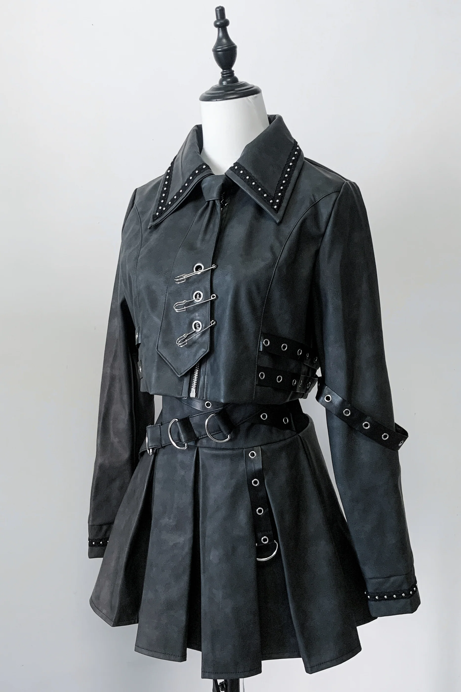 Gothic Matte Leather Dark Girl Top + Skirt