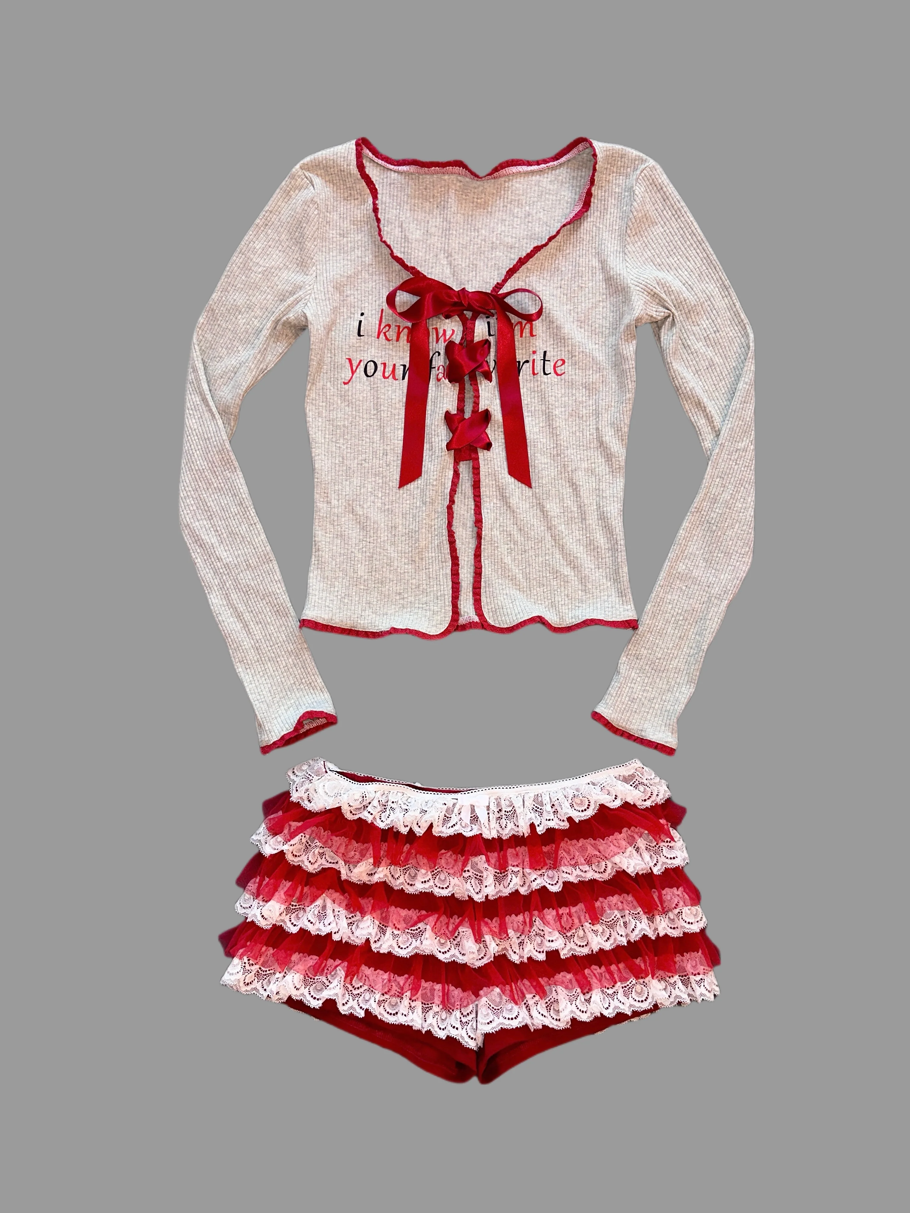 Gray Bow Red Ribbon Knit Cardigan - Image 4
