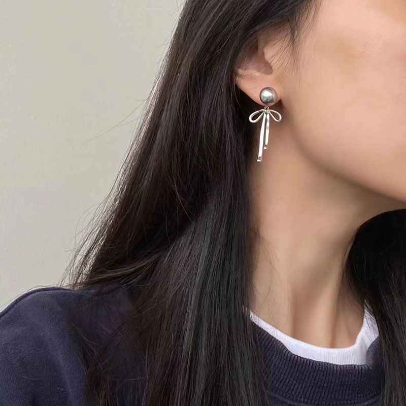 Gray Bow Tassel Earrings - Image 3