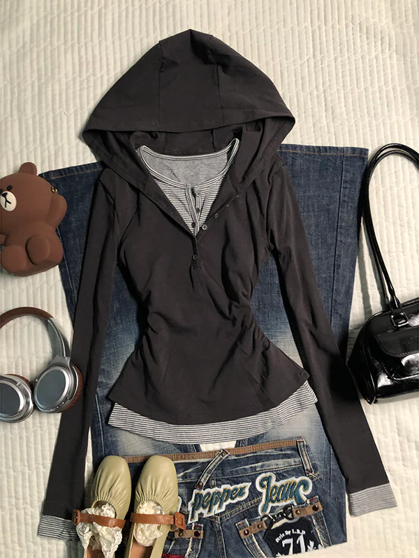 gray fake two-piece hooded sweatshirt - Image 3
