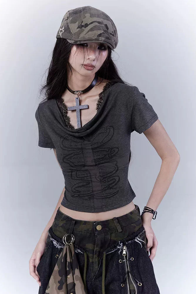 Dark Gray Lace Cross Top