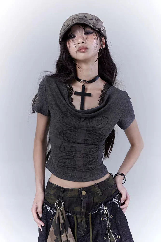 Dark Gray Lace Cross Top - Image 2