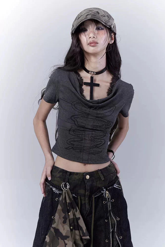 Dark Gray Lace Cross Top - Image 3