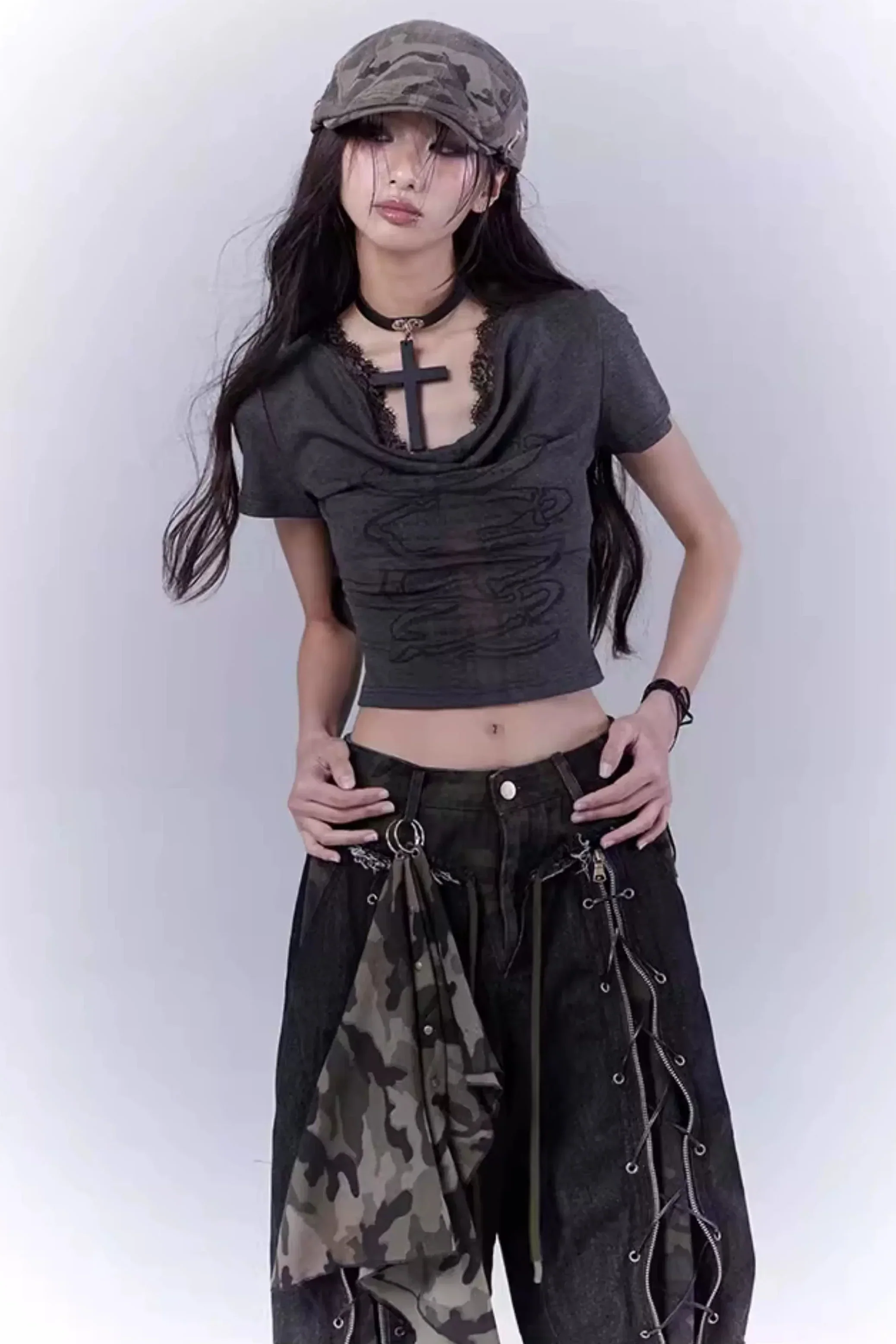 Dark Gray Lace Cross Top - Image 4
