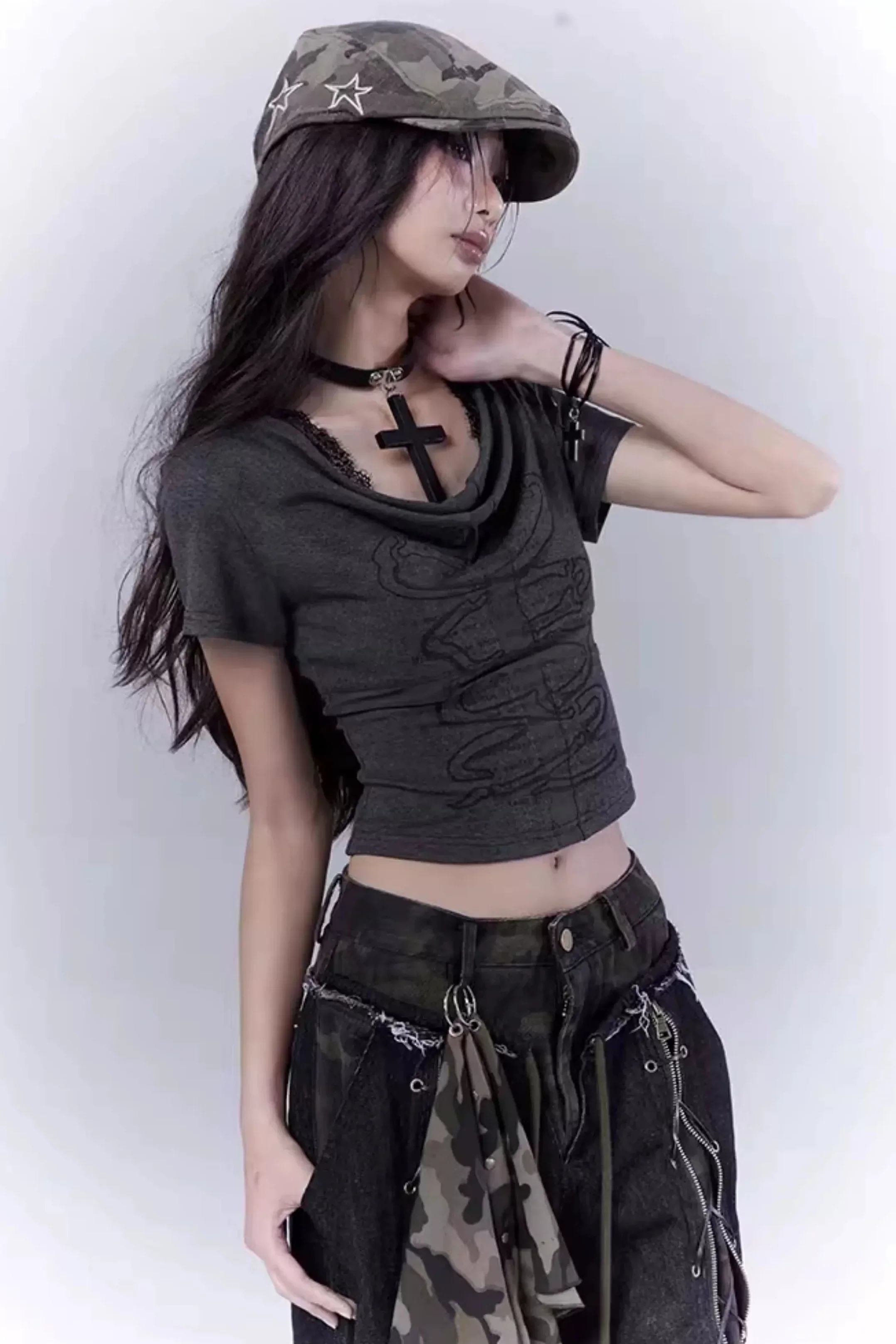 Dark Gray Lace Cross Top - Image 5