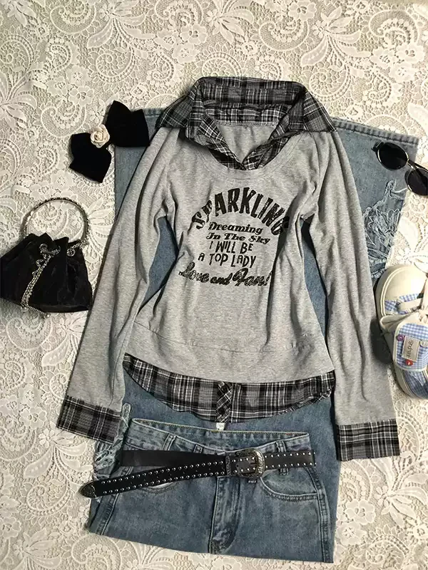 Gray plaid patchwork letters long-sleeved Top - Image 3
