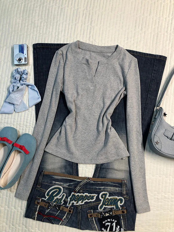 Gray Round Neck Long Sleeve Top - Image 2