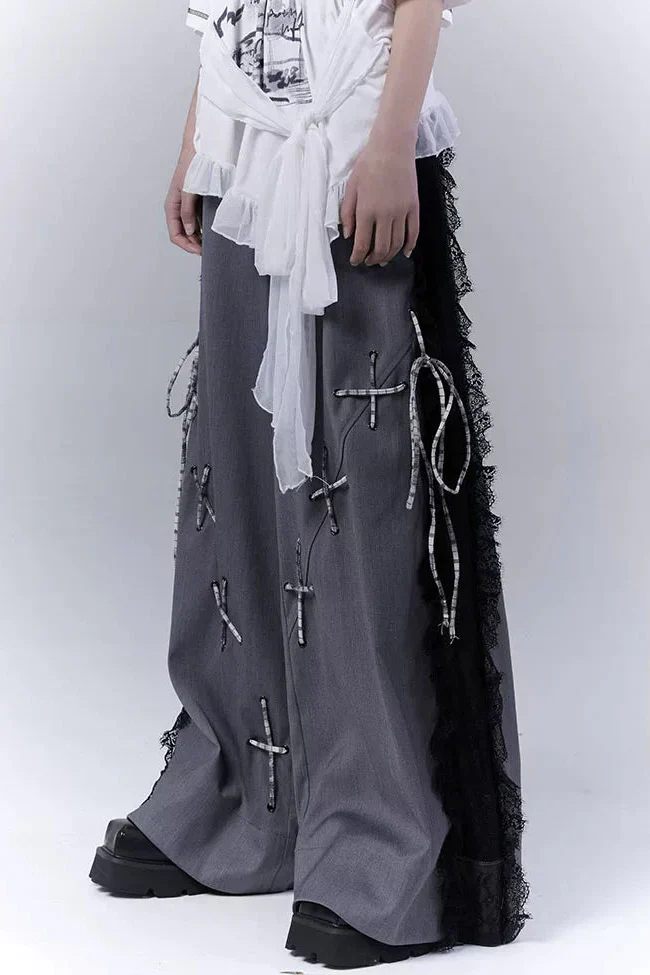 Dark Gray Bicolor Secret Lace Patchwork Pants - Image 2
