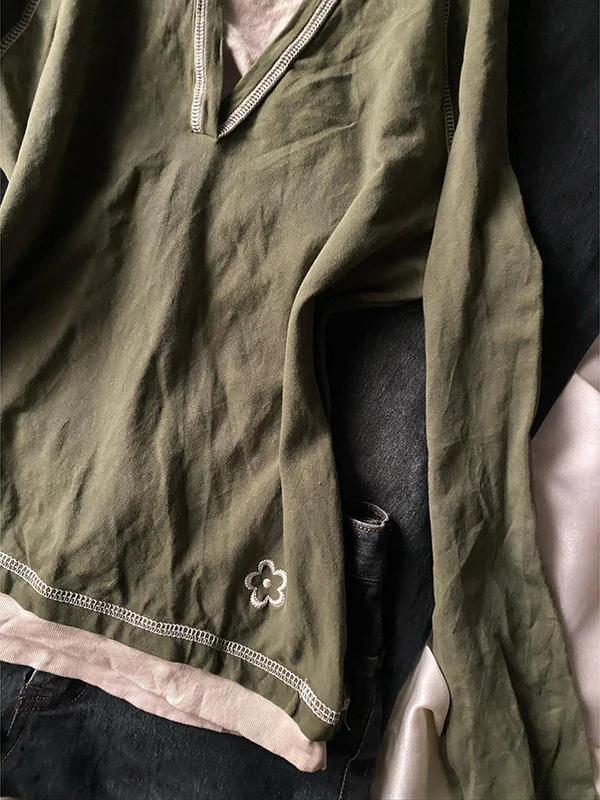 green fake two-piece hoodie long-sleeved Top - Image 3