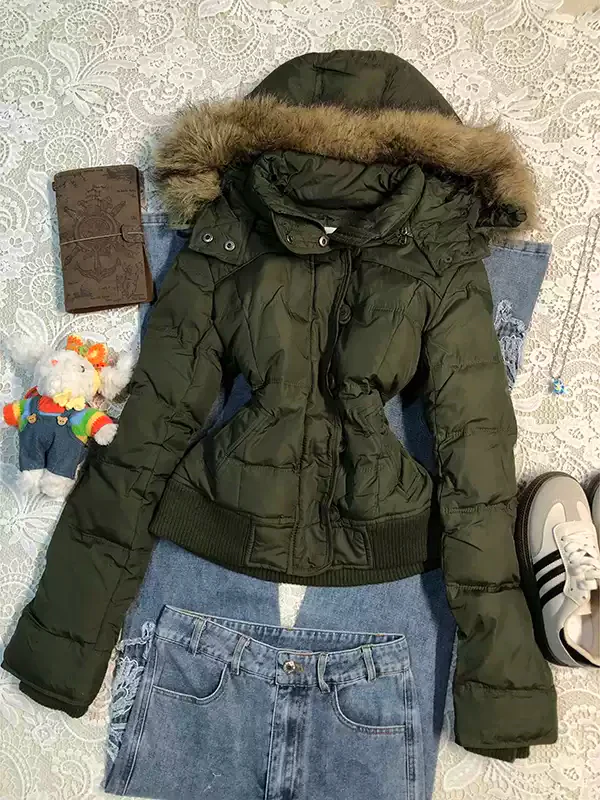 green fur collar hooded cotton jacket - Image 2