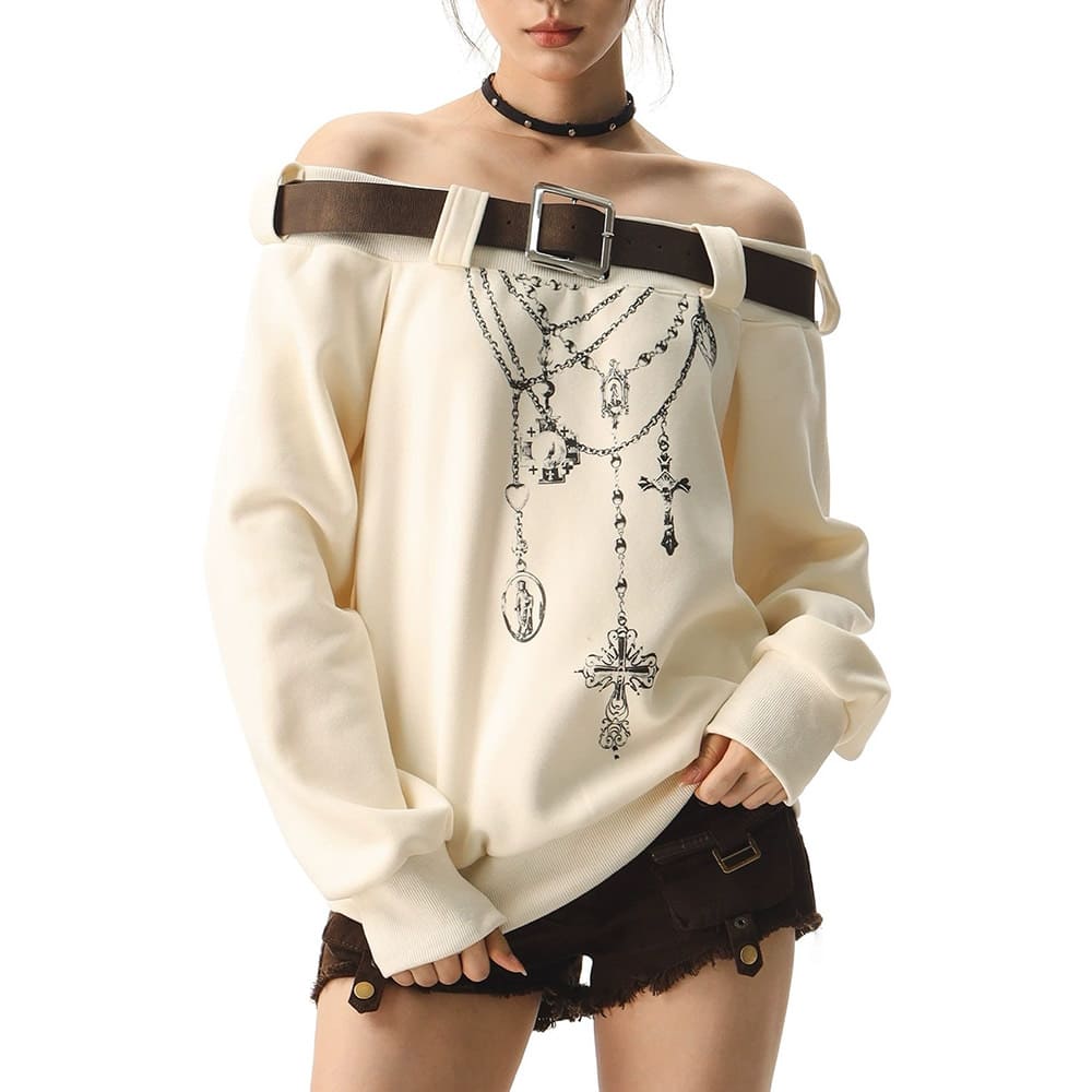 Grunge Aesthetic Off-Shoulder Sweatshirt - Image 5
