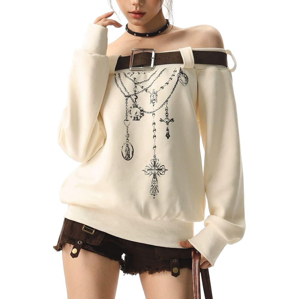 Grunge Aesthetic Off-Shoulder Sweatshirt - Image 6