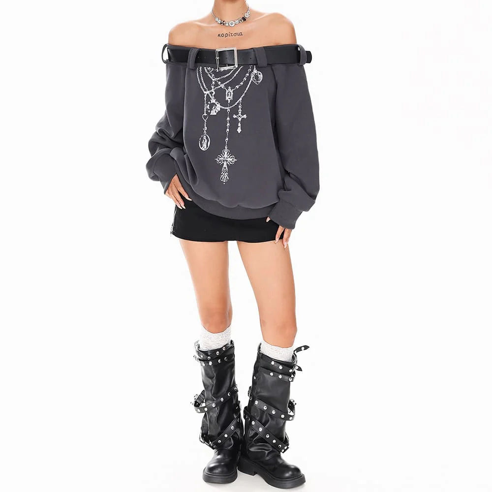 Grunge Aesthetic Off-Shoulder Sweatshirt - Image 7