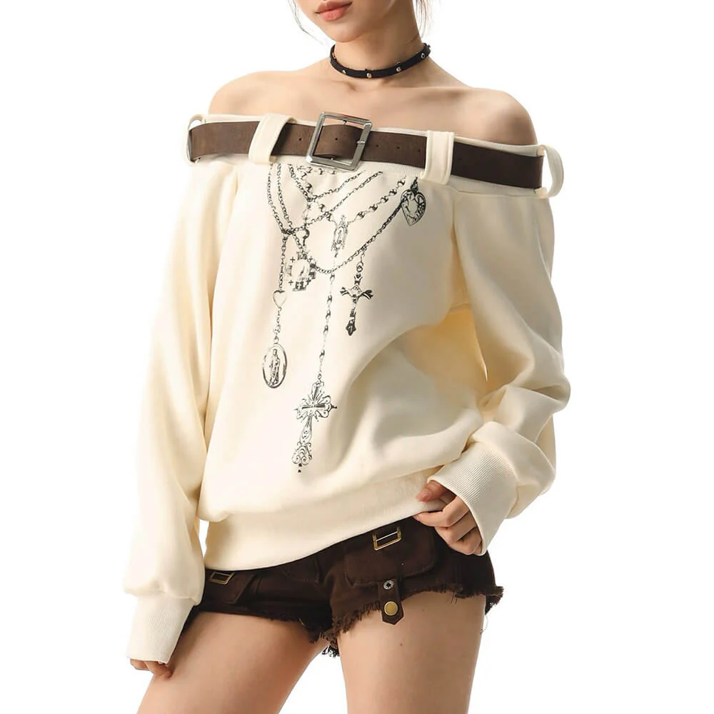 Grunge Aesthetic Off-Shoulder Sweatshirt - Image 8