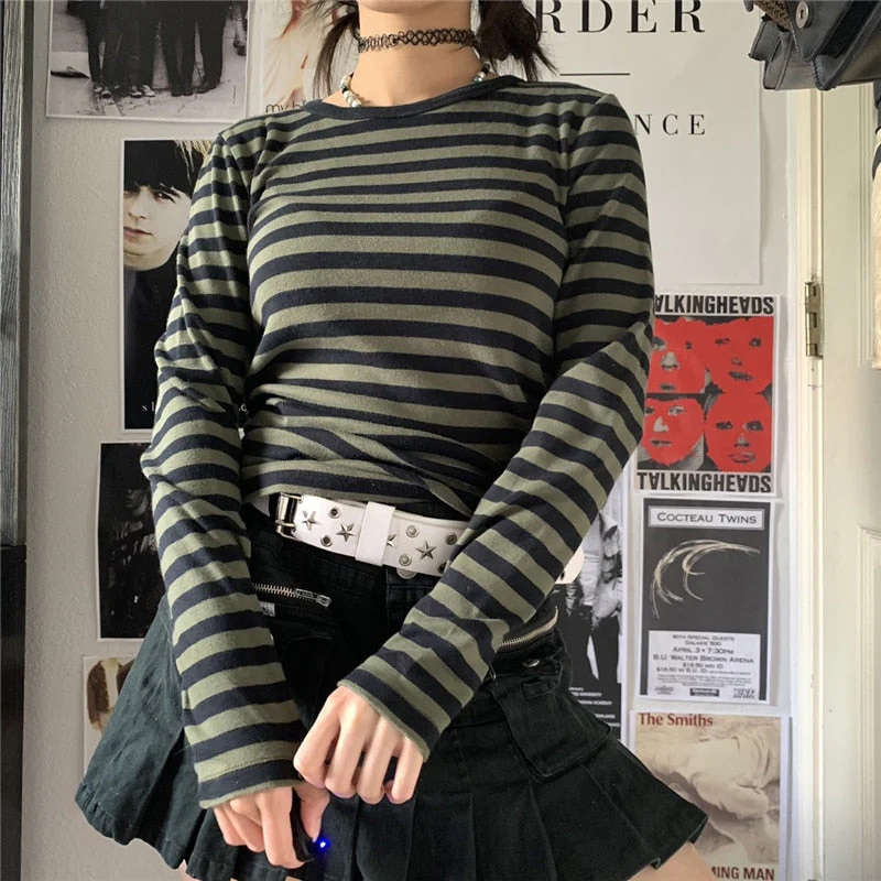 Grunge Aesthetic Striped Long Sleeve T-Shirt Green - Image 3