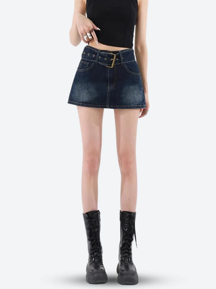 Grunge Belted Denim Mini Skirt - Image 3