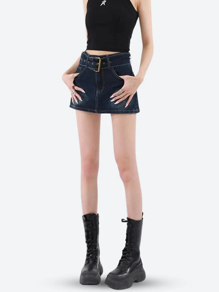 Grunge Belted Denim Mini Skirt - Image 4