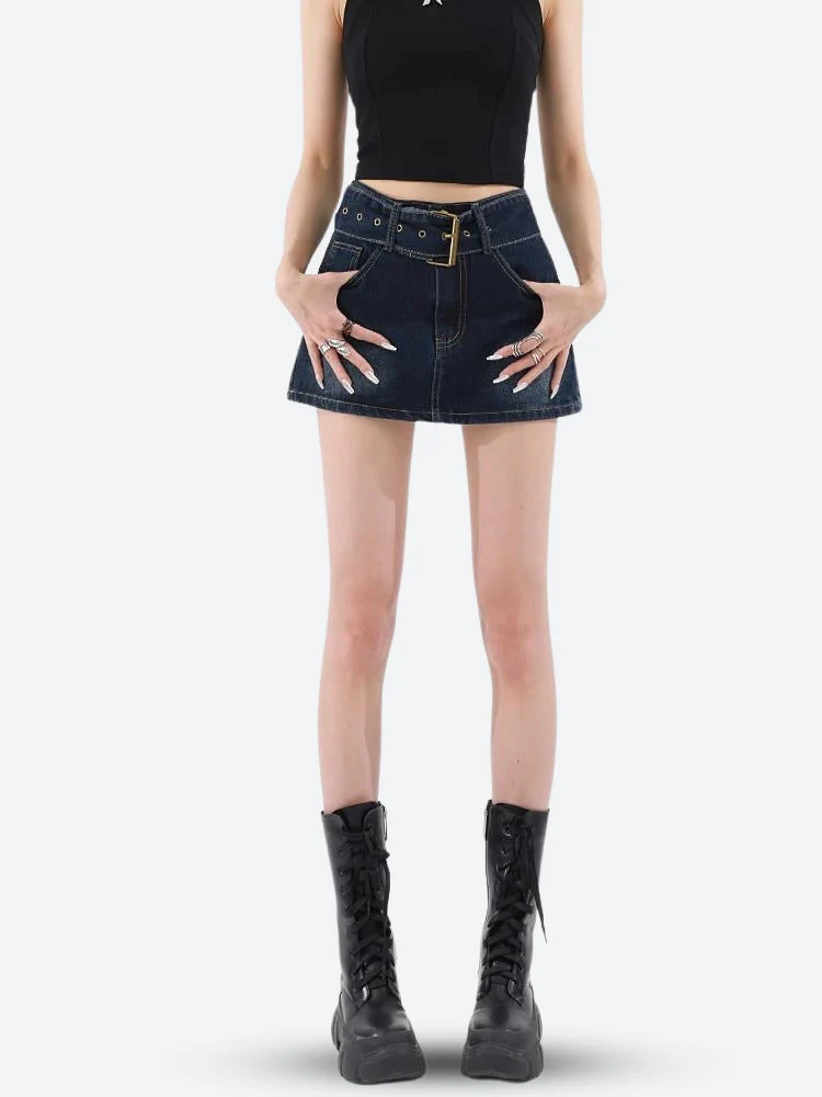 Grunge Belted Denim Mini Skirt - Image 5
