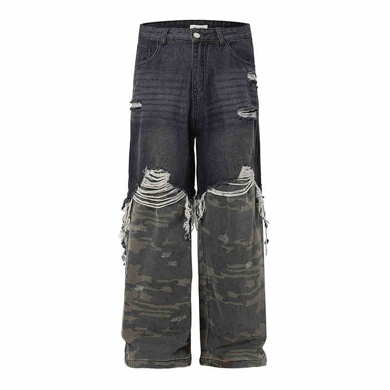 Grunge Camouflage Splicing Tassel Ripped Jeans - Image 5